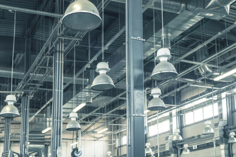 interior of industrial shop with hanging lights
