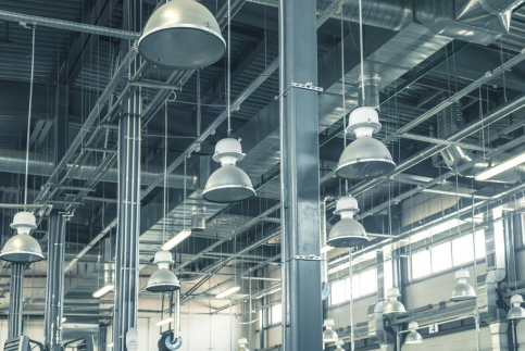 interior of industrial shop with hanging lights