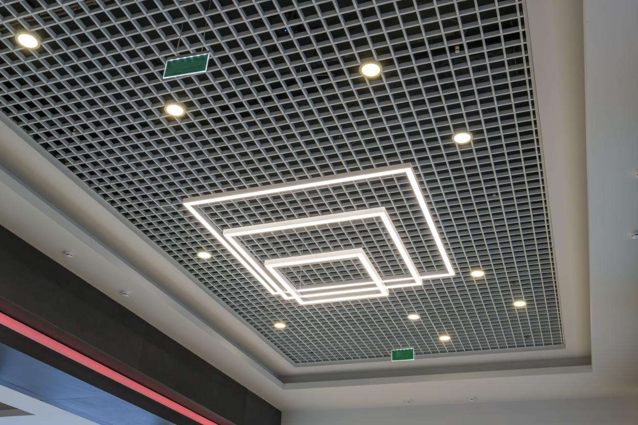 suspended and grid ceiling with halogen spots lamps