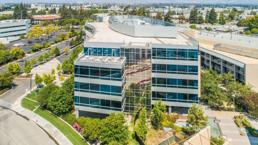 Aerial view of the ServiceNow building in San Jose California
